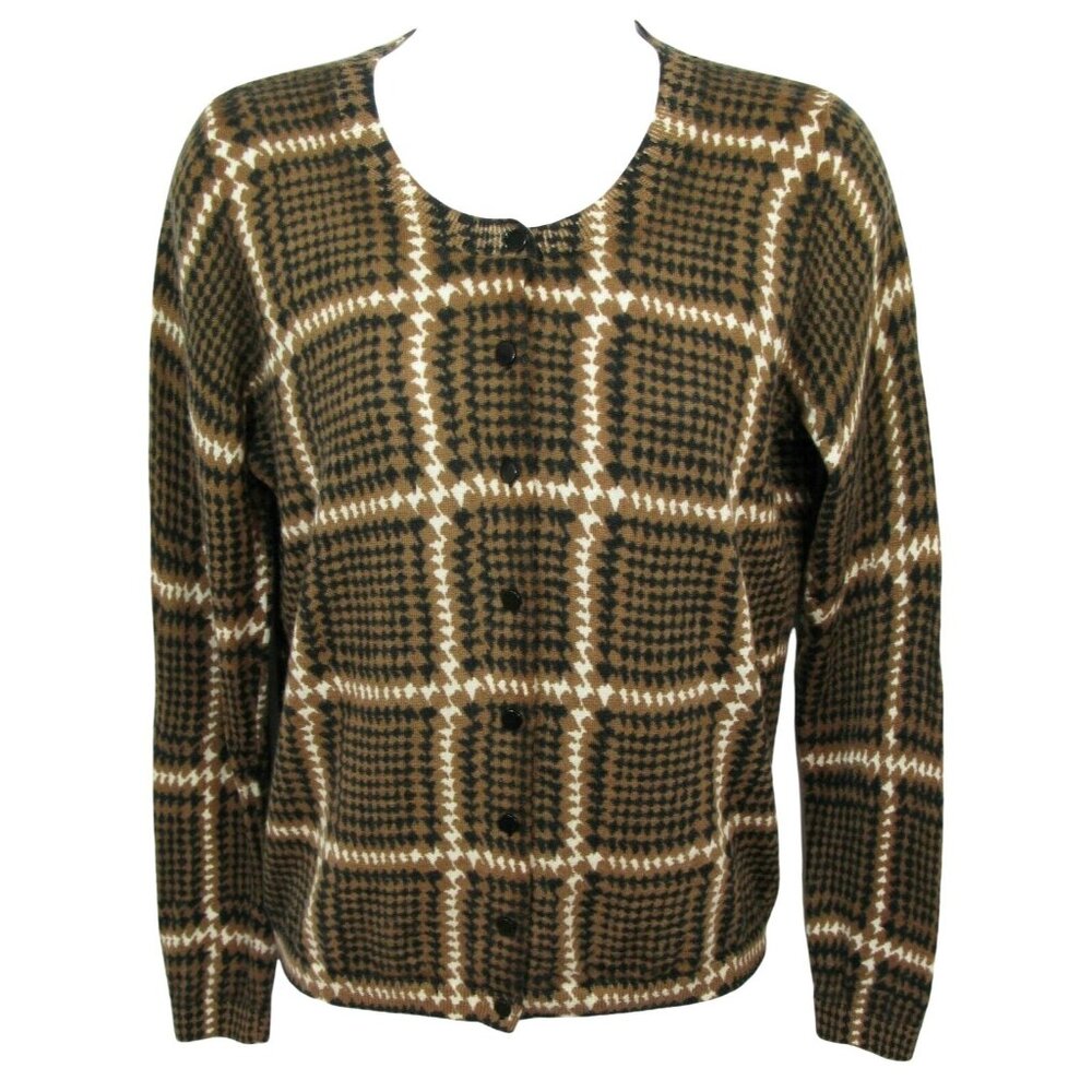 TALBOTS Windowpane Check 100% Merino Wool Cardigan Sweater Size Mp Brown Ivory